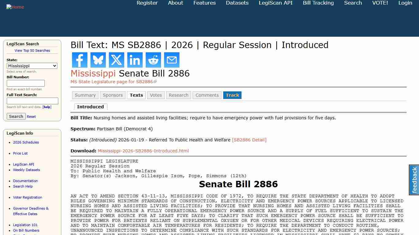 Bill Text: MS SB2886 2026 Regular Session Introduced LegiScan