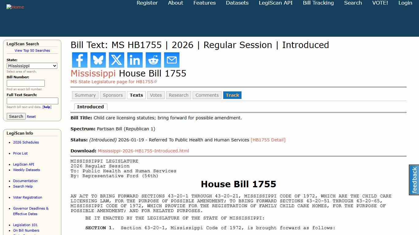 Bill Text: MS HB1755 2026 Regular Session Introduced LegiScan