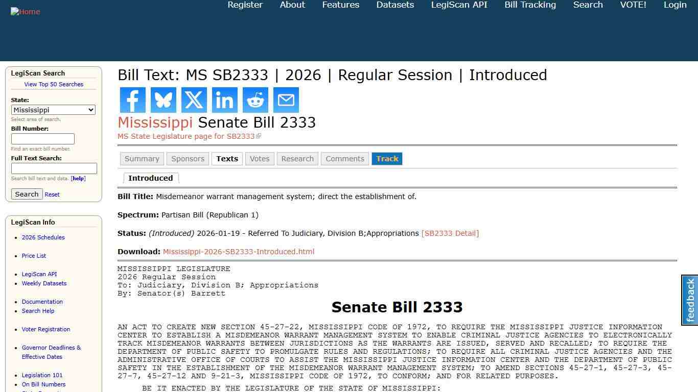 Bill Text: MS SB2333 2026 Regular Session Introduced LegiScan